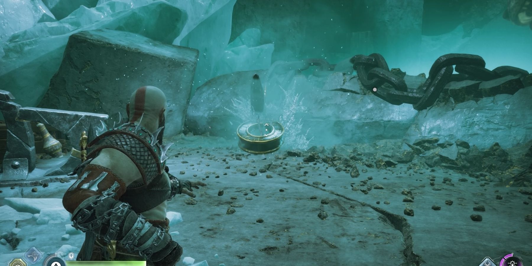 Kratos freezes Garm's chain in God of War Ragnarok