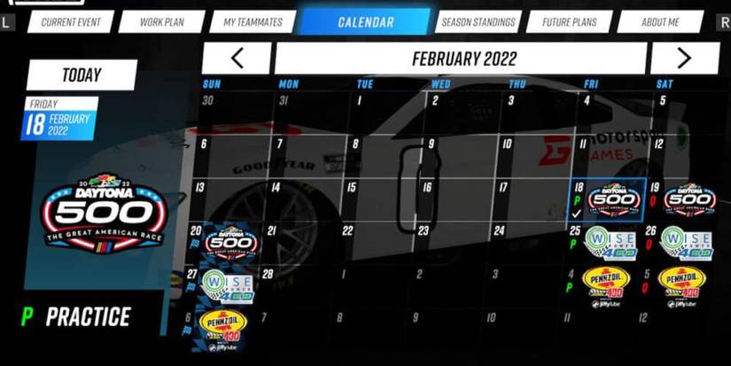 A sample calendar in Nascar Rivals