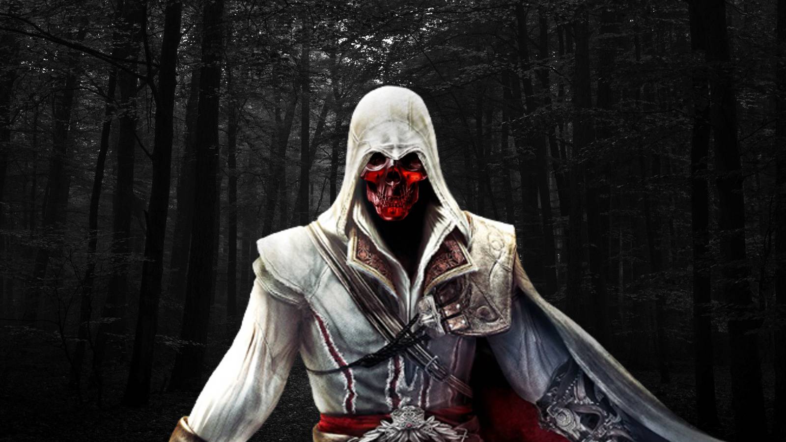 Assassin's Creed Ezio with his face replaced by a red-tinted skull, overlaid on a dark forest background