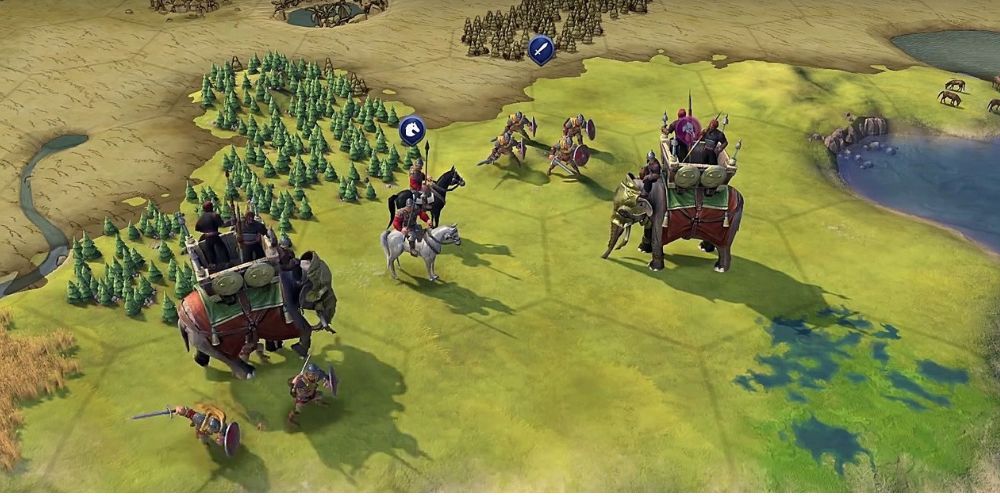 Elephants and soldiers in battle near trees in Civilization 6