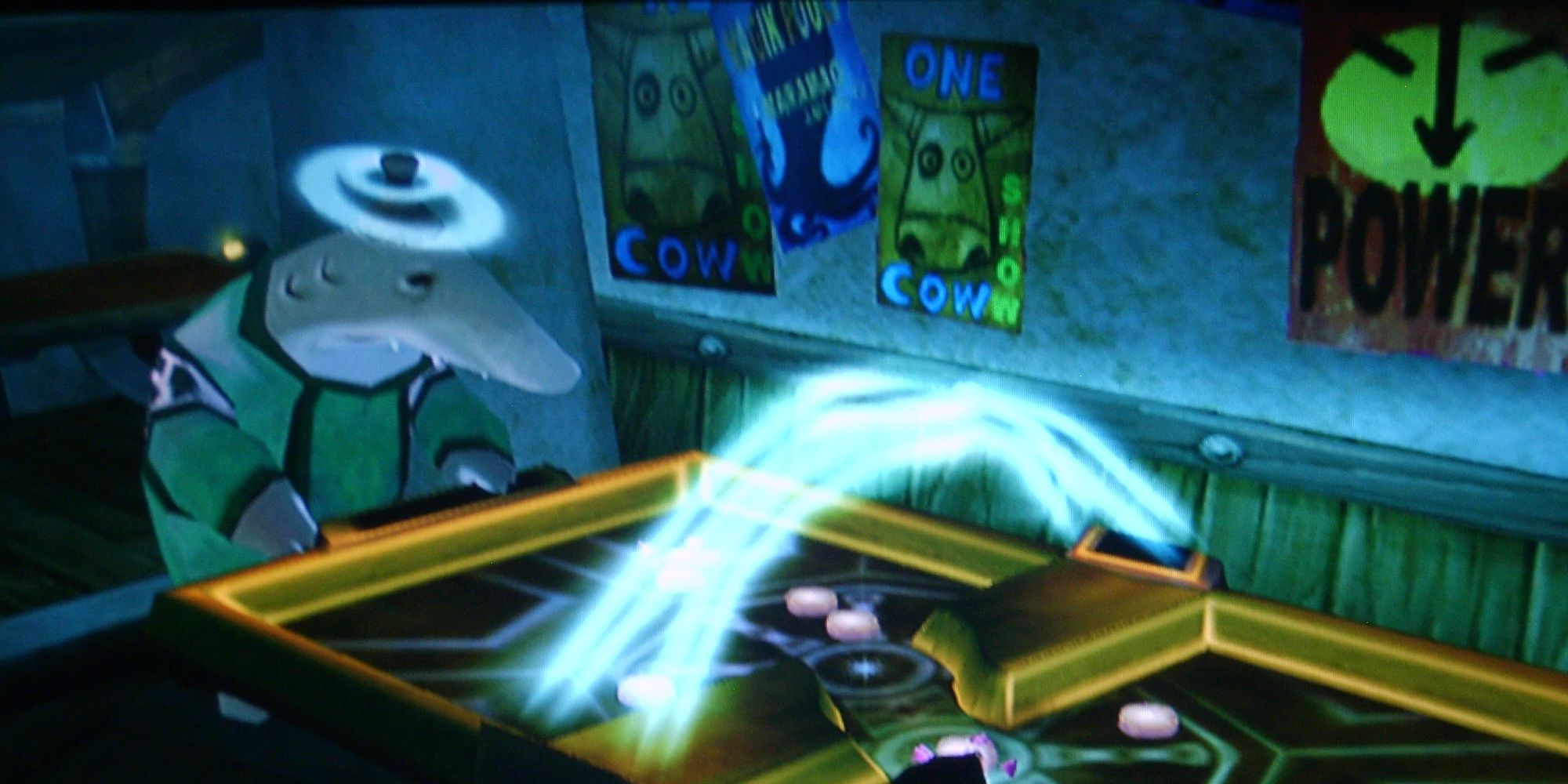 Francis the shark (left) playing a round of air hockey in the dimly lit Akuda Bar. Image source: beyondgoodandevil.wikia.com