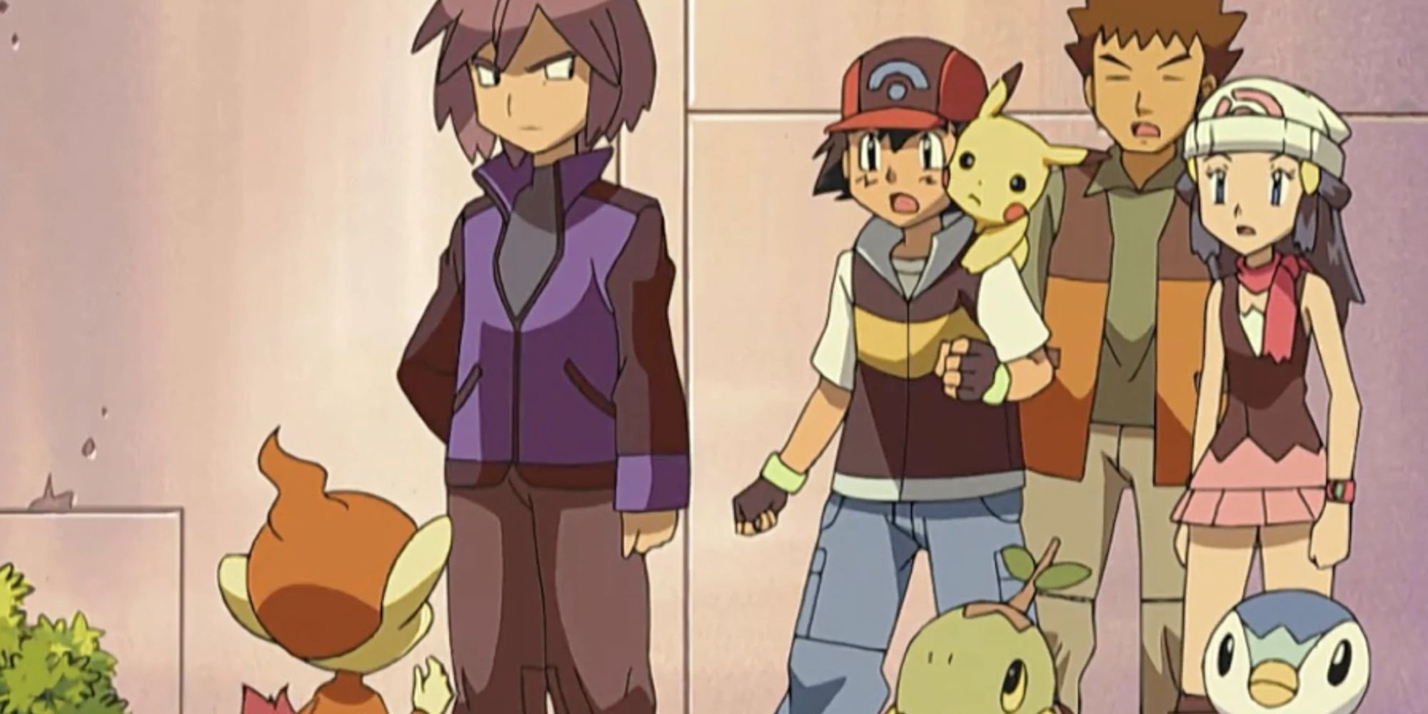 A still from the episode where Ash adopts Paul's Chimchar. 