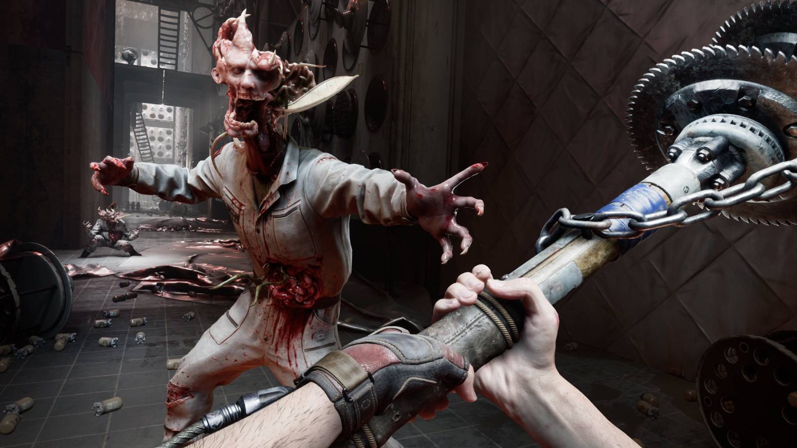 An enemy in Atomic Heart being attacked with a melee weapon