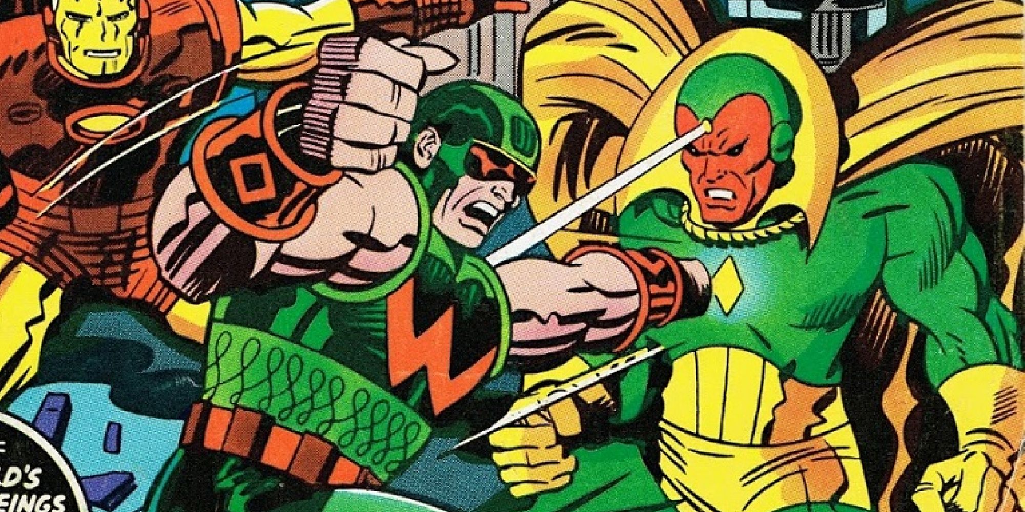 Wonder Man and Vision fighting as Iron Man watches in a comic