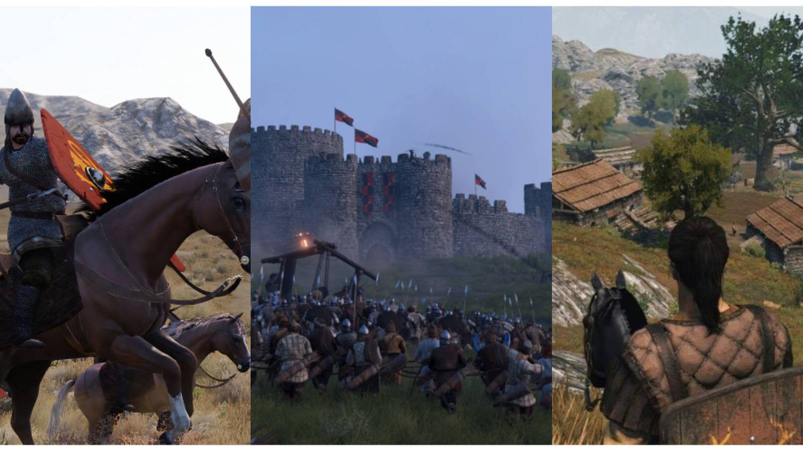 split image of two battles and overlooking a settlement in Mount & Blade 2: Bannerlord