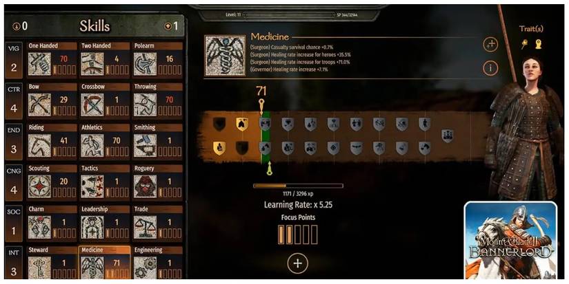 screen showing Medicine skill upgrade in Mount & Blade 2: Bannerlord