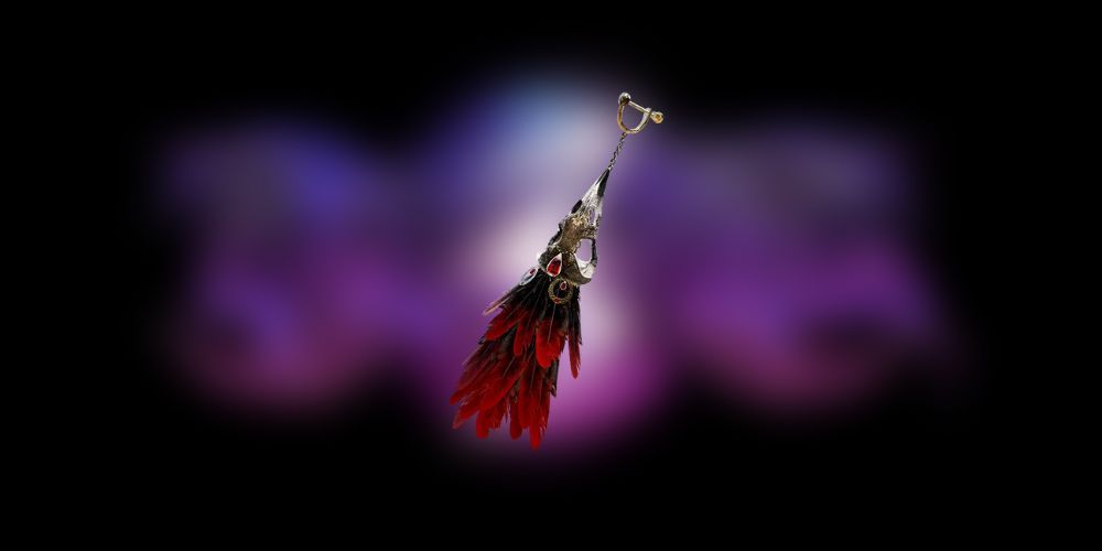 Bayonetta 3 Eternal Testimony. An accessory made of a crow skull with red feathers attached to it