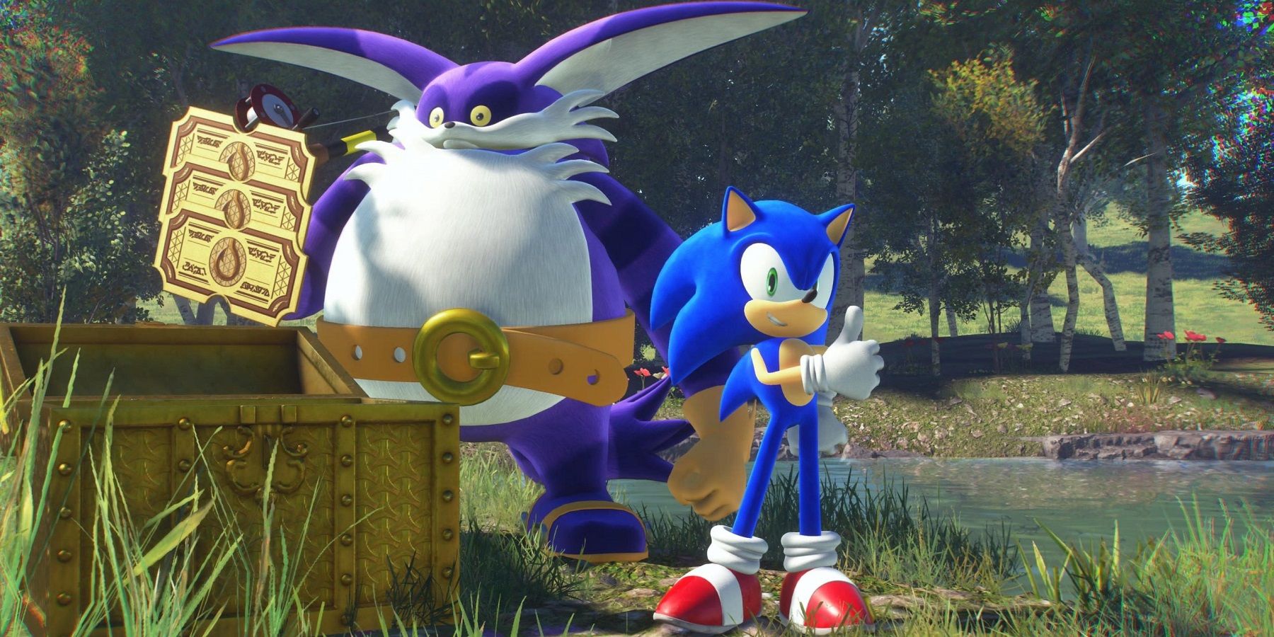 Big the Cat and Sonic fishing treasure chest