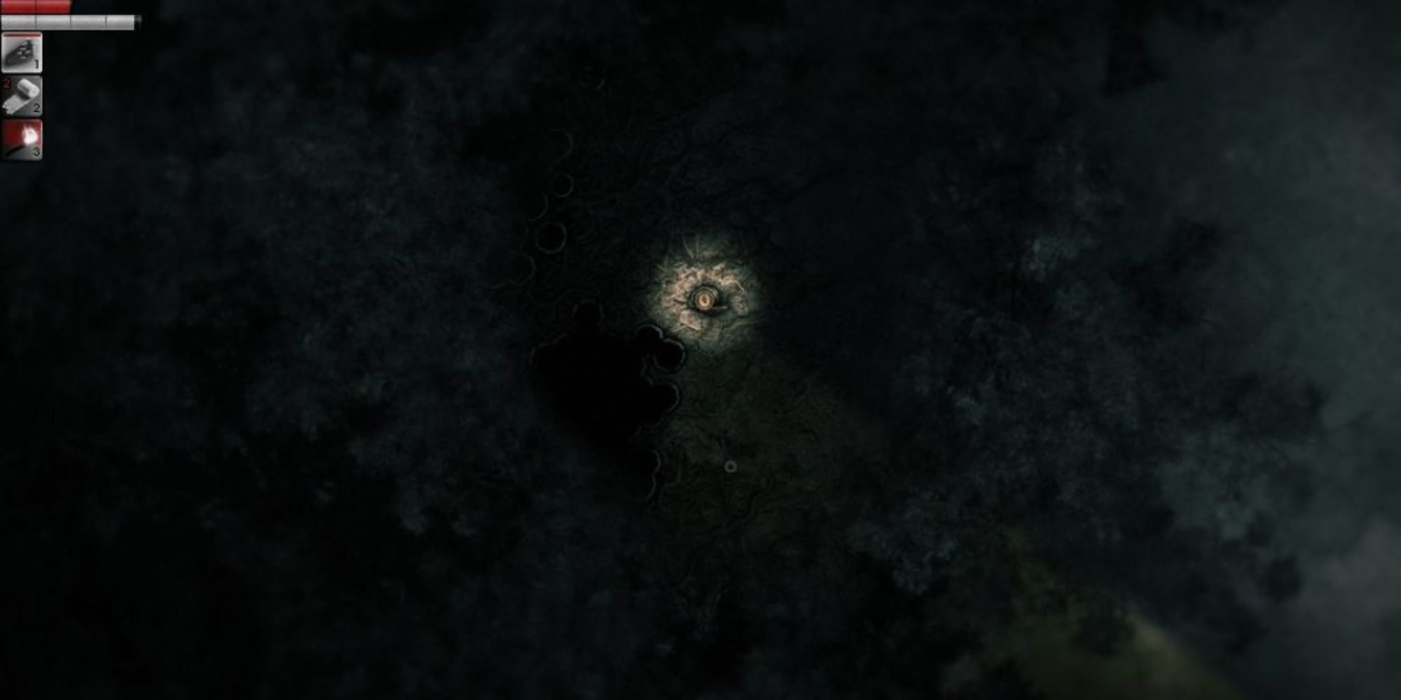 A bird's eye view of a player in Darkwood surrounded by the darkness