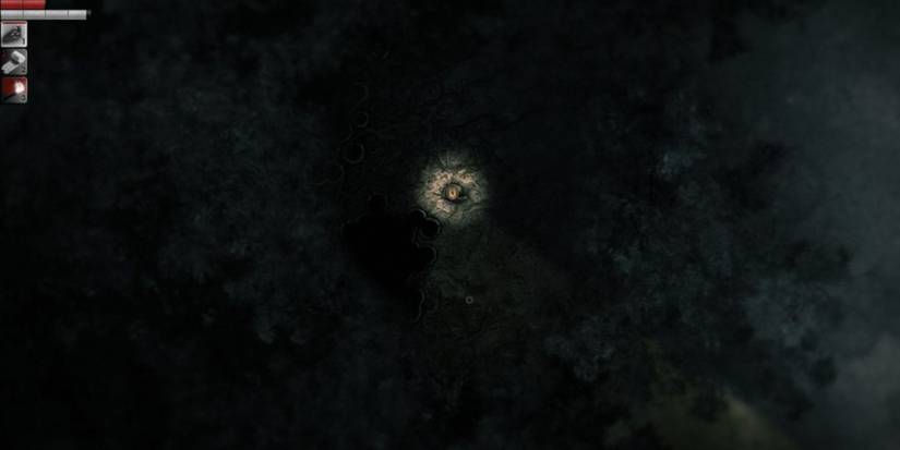 A bird's eye view of a player in Darkwood surrounded by the darkness