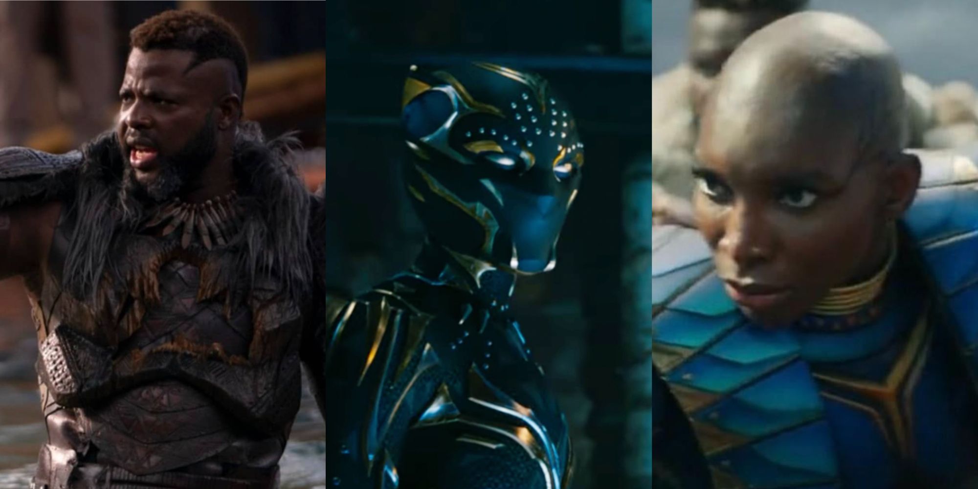 A split image features M'Baku, the Black Panther, and Aneka in Black Panther: Wakanda Forever