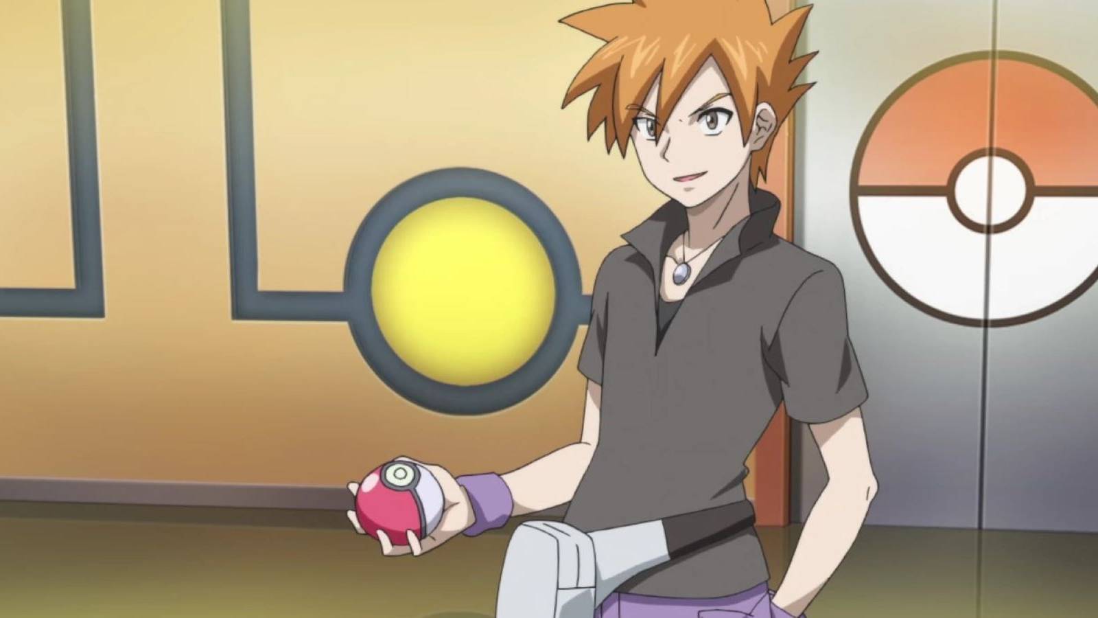 Blue holding a Pokeball in the Pokemon anime