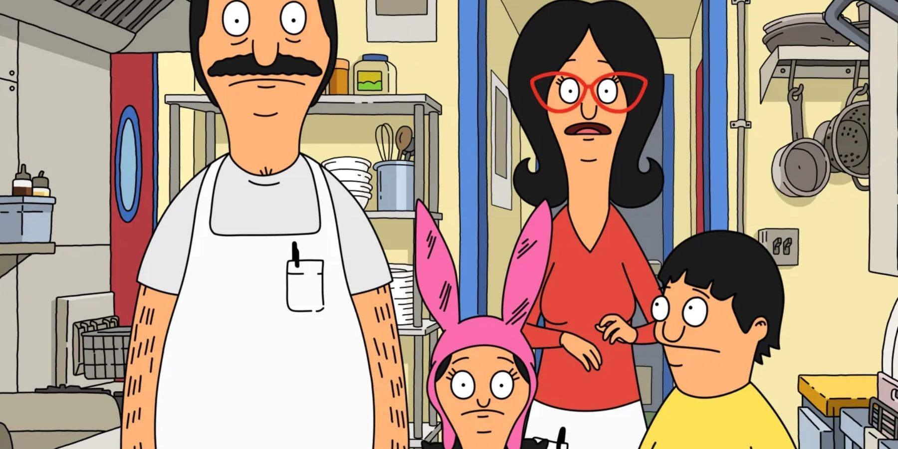 Bob, Louise, Linda and Gene in the kitchen on Bob's Burgers