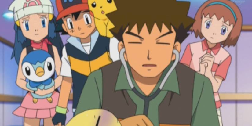 Brock with a stethoscope, surrounded by Ash, Dawn, Normajean, Piplup and Pikachu