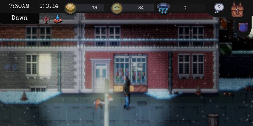 A man walking along a street in the snow with a dog following him in CHANGE: A Homeless Survival Experience