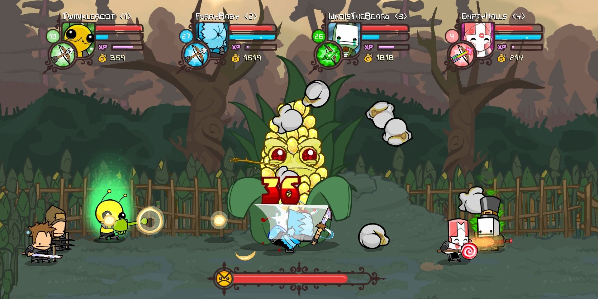 Knights beating up a corn cob in Castle Crashers