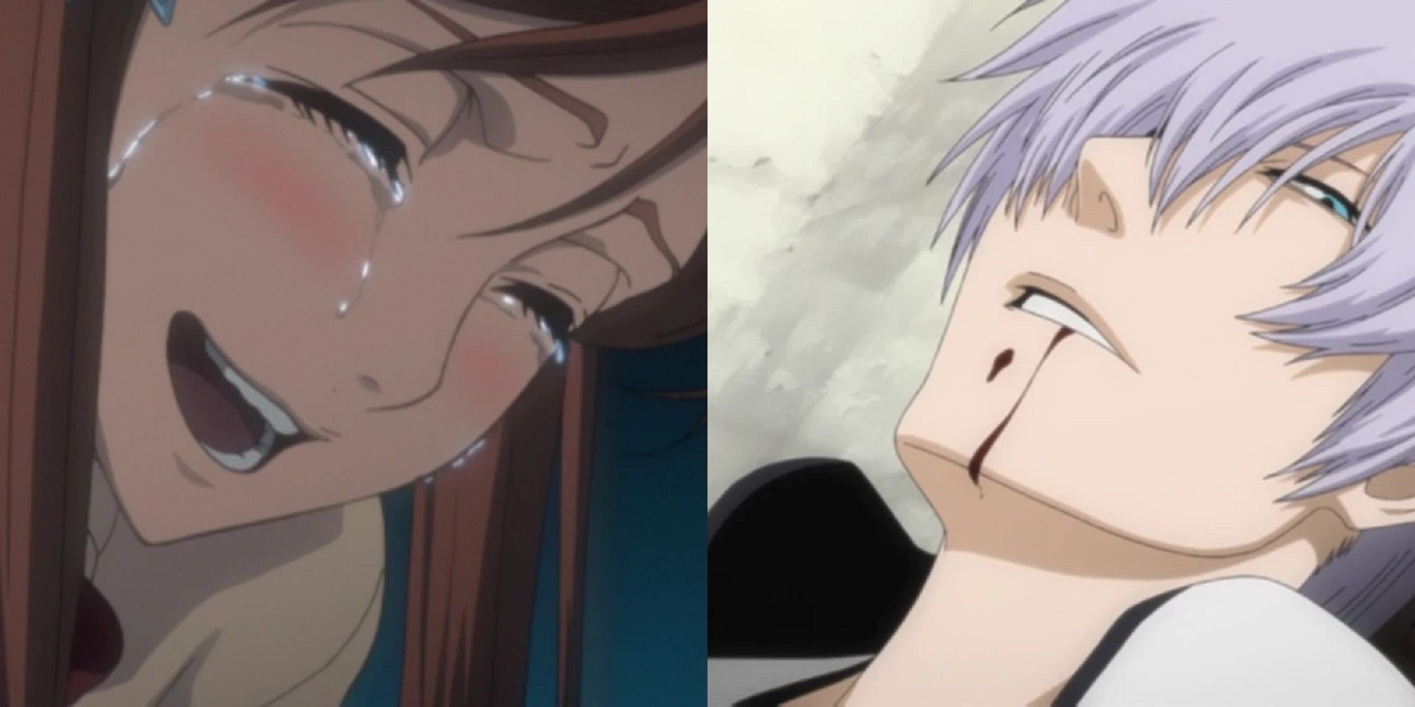 Split image of Orihime crying over Ichigo and a dying Gin observing Ichigo's strength in Bleach