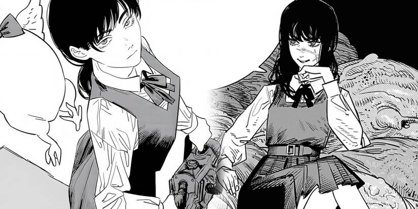 Chainsaw Man - Asa Mitaka Holding Chainsaw Next To Image Of War Devil Using Mitaka's Body Sitting On Pile Of Guts