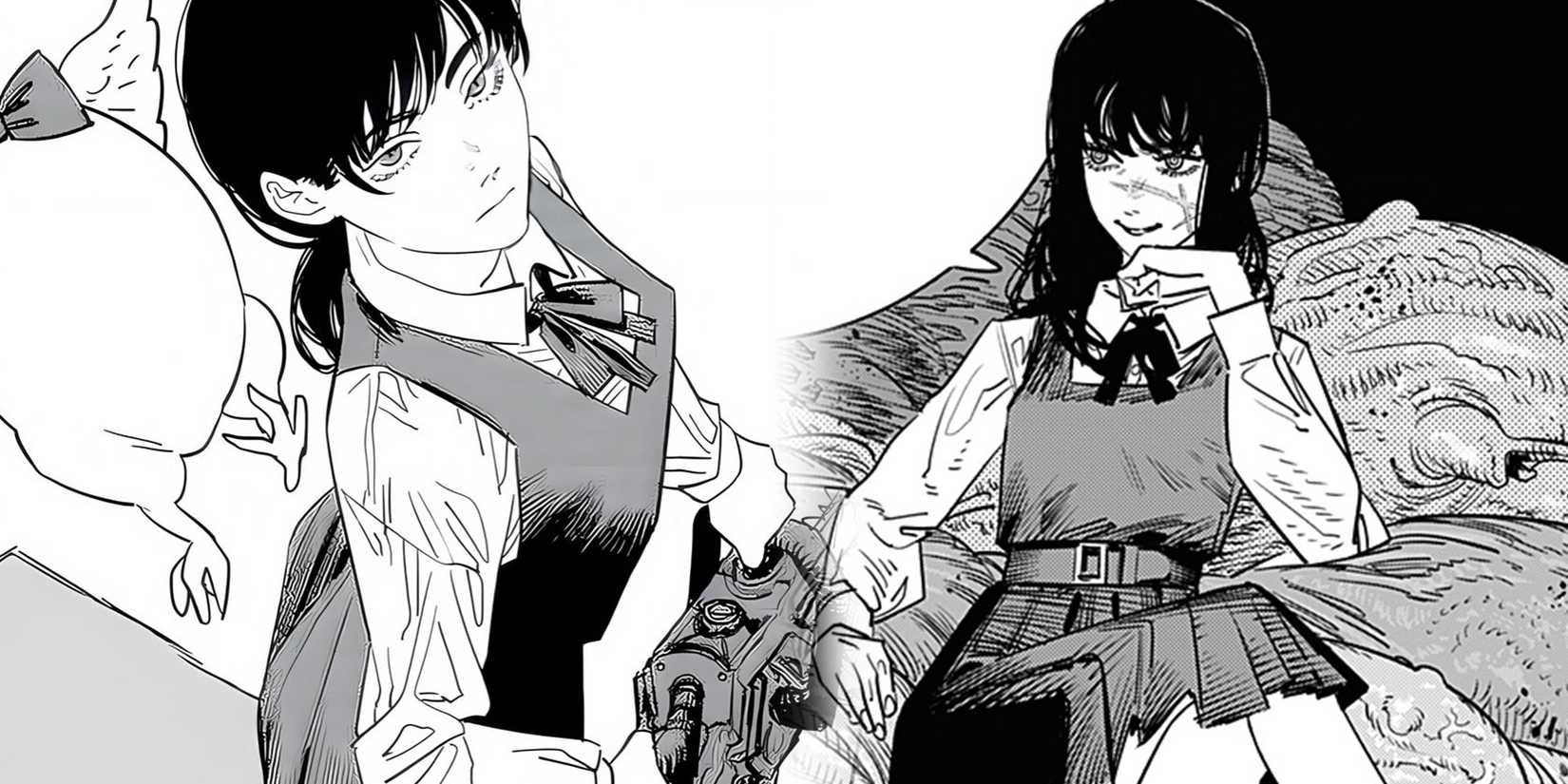 Chainsaw Man - Asa Mitaka Holding Chainsaw Next To Image Of War Devil Using Mitaka's Body Sitting On Pile Of Guts