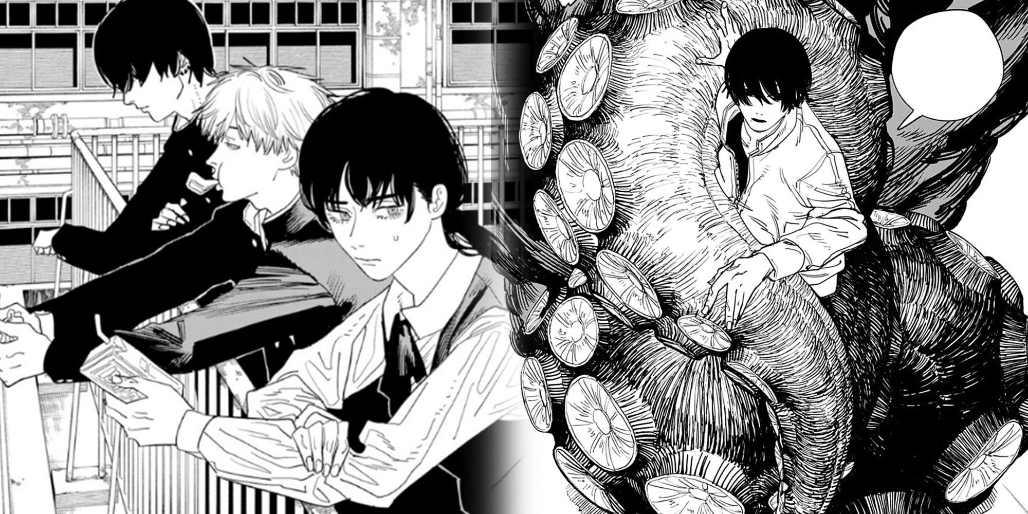 Chainsaw Man - Hirofumi Hanging Out With Denji Next To Image Of Hirofumi Using Octopus Devil