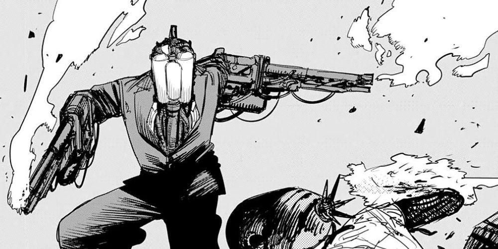 Chainsaw Man Flamethrower Hybrid. A man in a suit with flamethrowers for arms and a gas cannister for a face