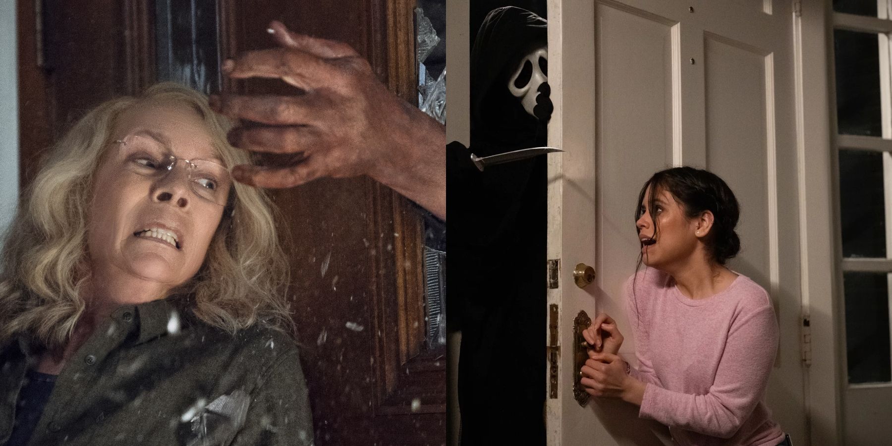 Split image of Jamie Lee Curtis in Halloween (2018) and Jenna Ortega in Scream (2022)