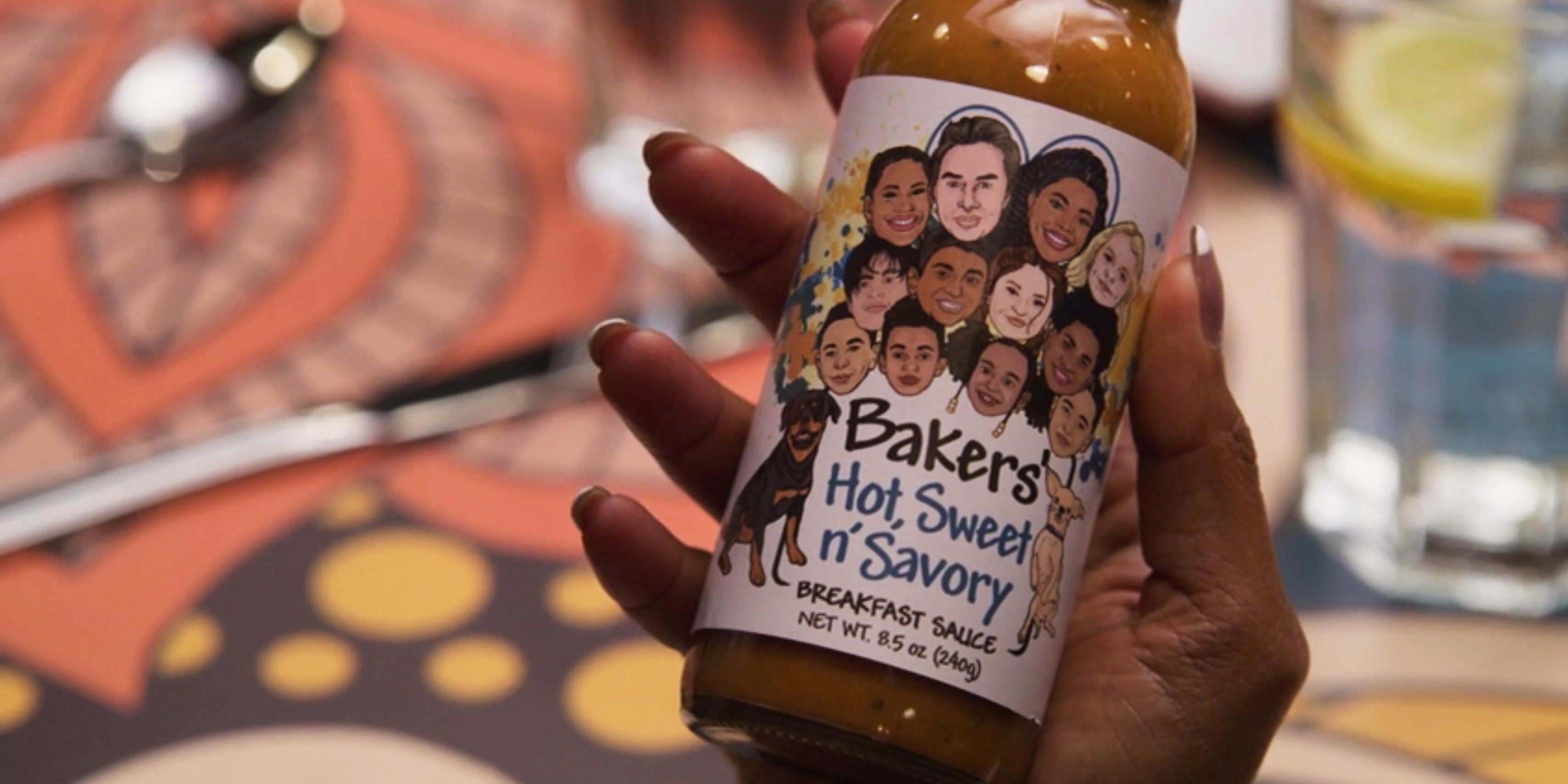 Bakers' Hot, Sweet, and Savory Sauce with art of the whole family on the bottle
