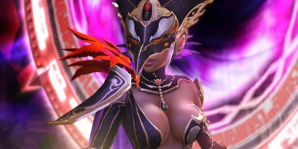 Cia Hyrule Warriors. A dark skinned woman wearing a bird-like mask and purple/gold robes