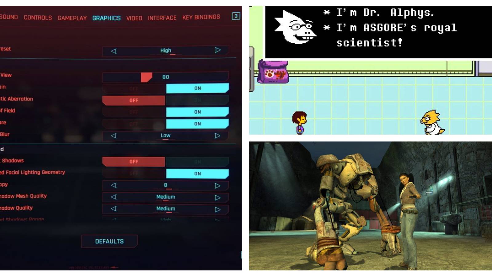 Left: Graphics menu for Cyberpunk 2077. Top-Right: A scene from Undertale with Dr. Alphys. Bottom-right: Dog and Alex from Half-Life 2.