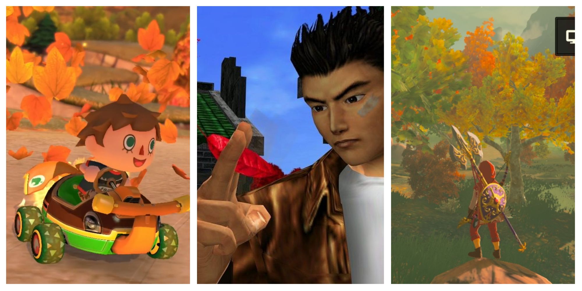 Left: An Animal Crossing villager driving through some leaves in Mario Kart 8. Center: Ryo holding a red leaf between his middle and pointer finger in Shenmue 2. Right: Link (from behind) looking at fall foliage in The Legend of Zelda: Breath of the Wild. Image sources: Game Rant and Terrence Smith.