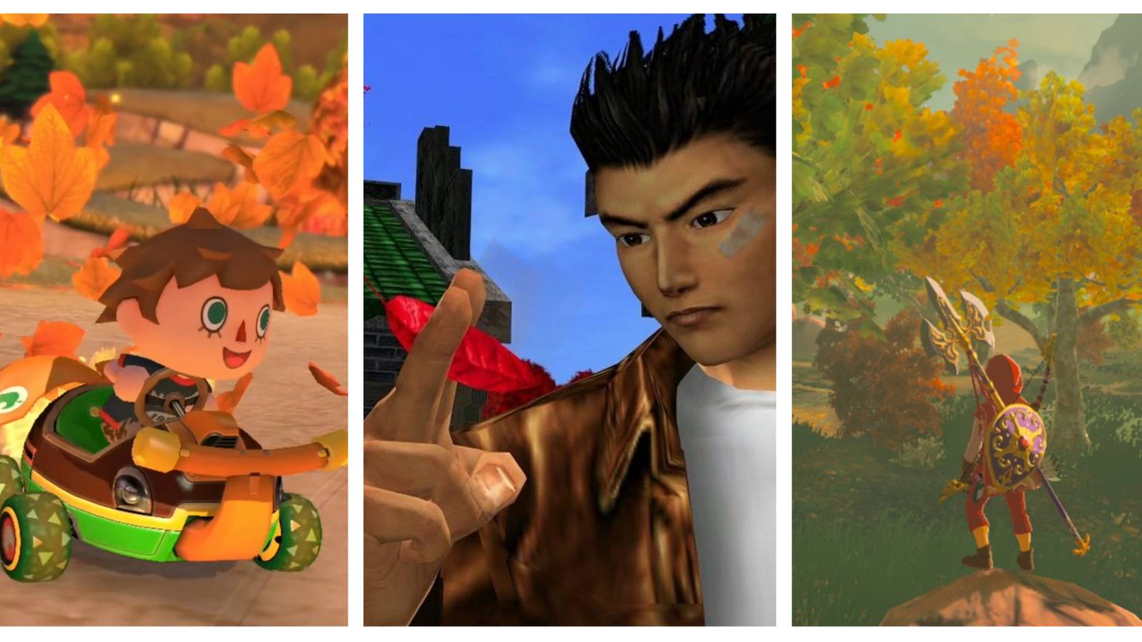 Left: An Animal Crossing villager driving through some leaves in Mario Kart 8. Center: Ryo holding a red leaf between his middle and pointer finger in Shenmue 2. Right: Link (from behind) looking at fall foliage in The Legend of Zelda: Breath of the Wild. Image sources: The Best War Games and Terrence Smith.