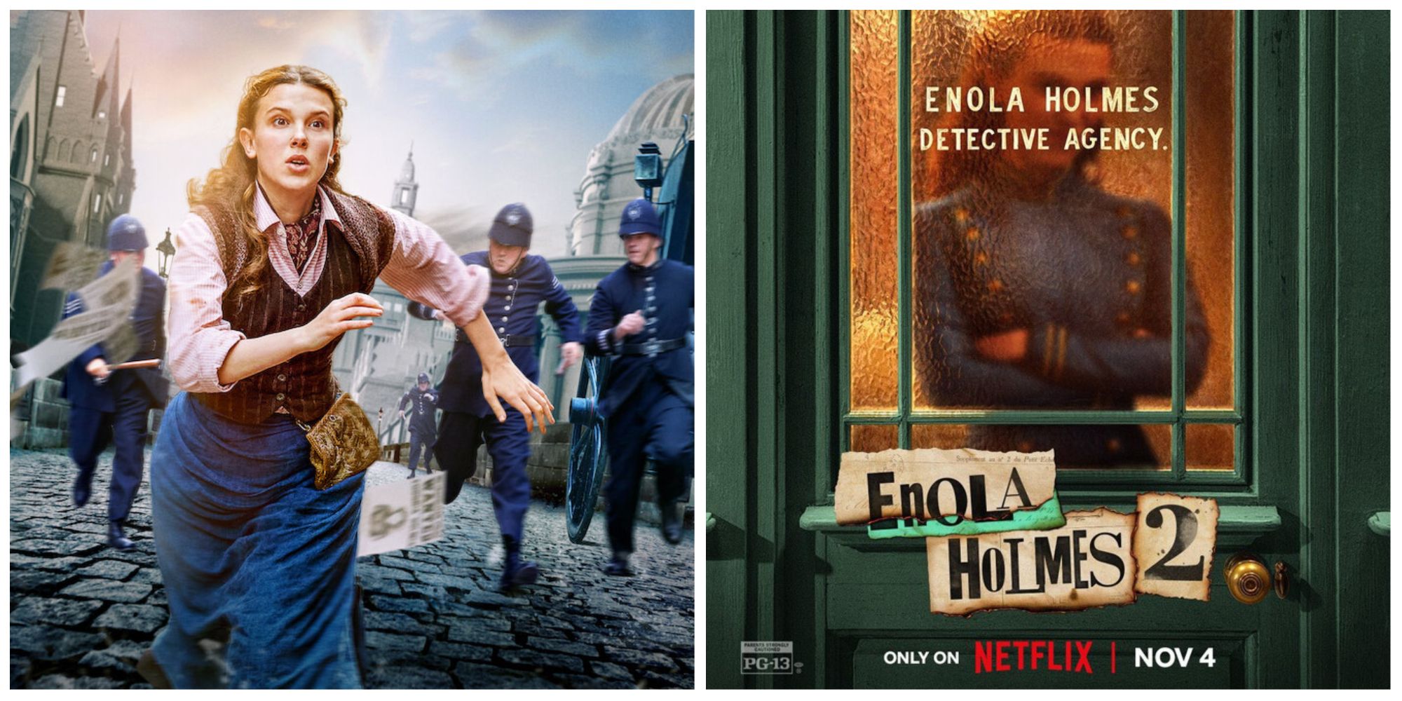 Left: Enola Holmes running away from the police on the street. Right: Netflix poster for Enola Holmes 2, with Enola standing behind her agency door.