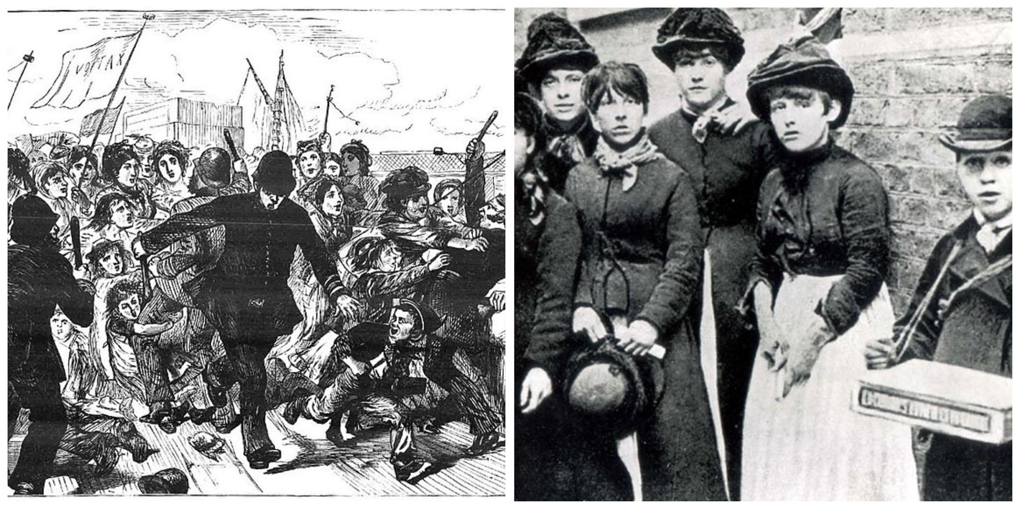A combined image: illustration of the matchgirls strike/police protest, alongside a black and white image of real-life matchgirls outside of their factory