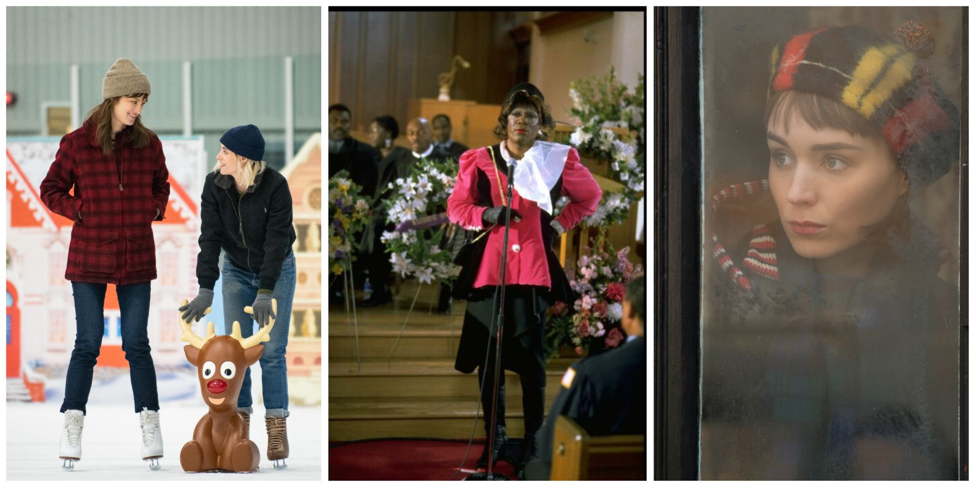 Left image Abby and Harper at an ice rink. Middle image Holiday in church. Right image Therese looking through a window at Carol.