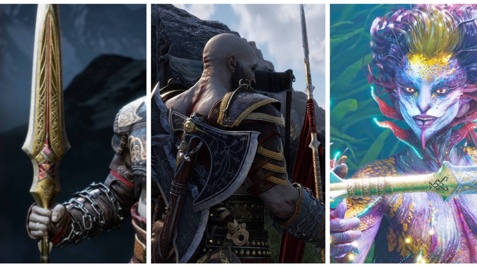 god of war ragnarok kratos with the draupnir spear and the lady mermaid