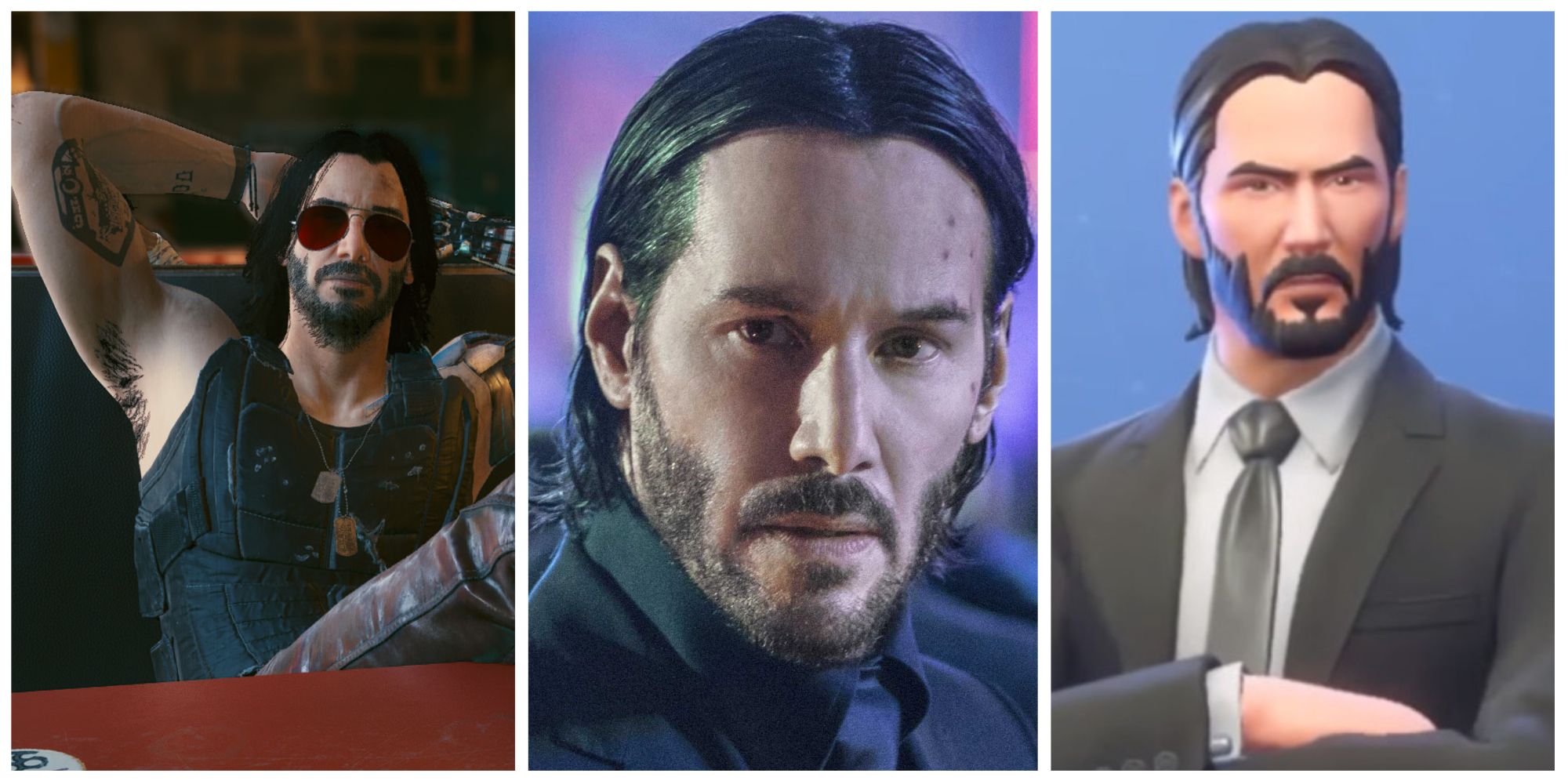 johnny silverhand from cyberpunk 2077, keanu reeves as john wick, john wick in fortnite