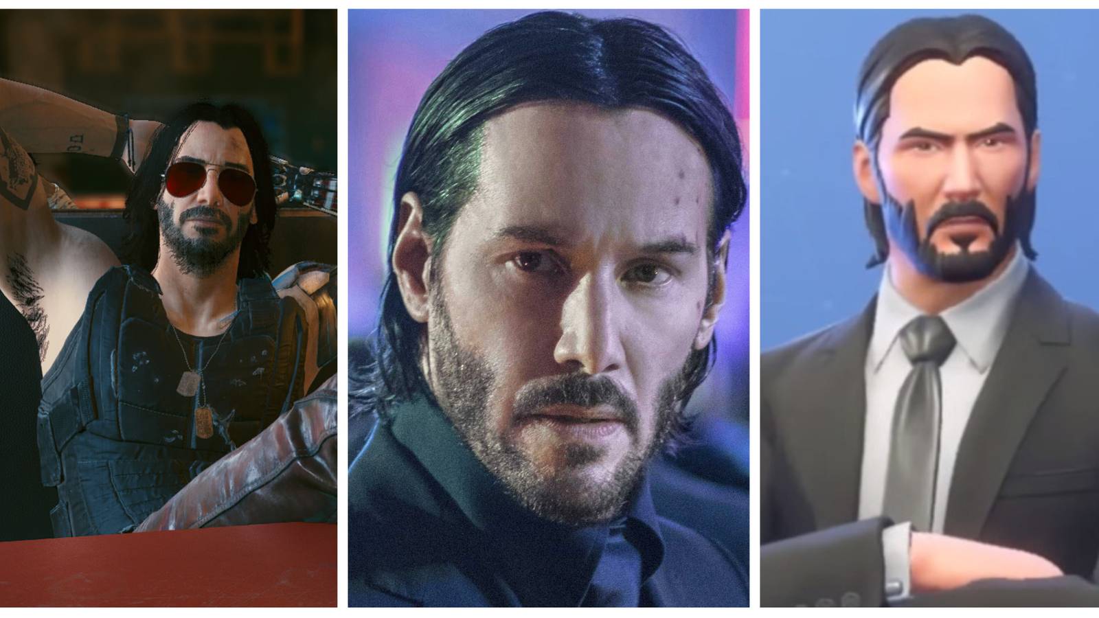 johnny silverhand from cyberpunk 2077, keanu reeves as john wick, john wick in fortnite
