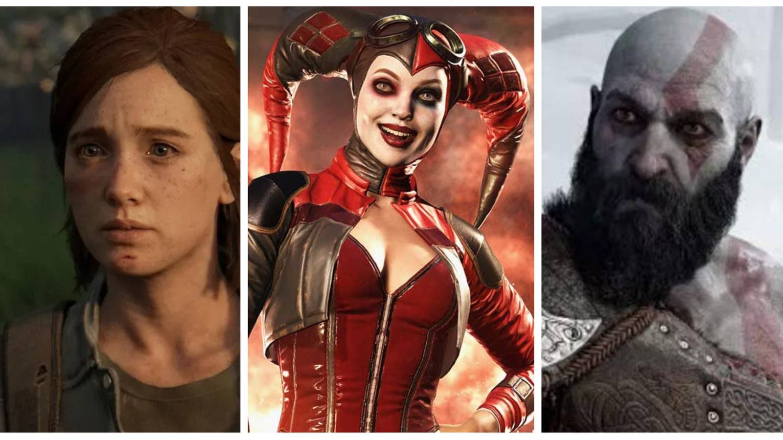 ellie from the last of us part 2, harley quinn from injustice 2, kratos from god of war: ragnarok