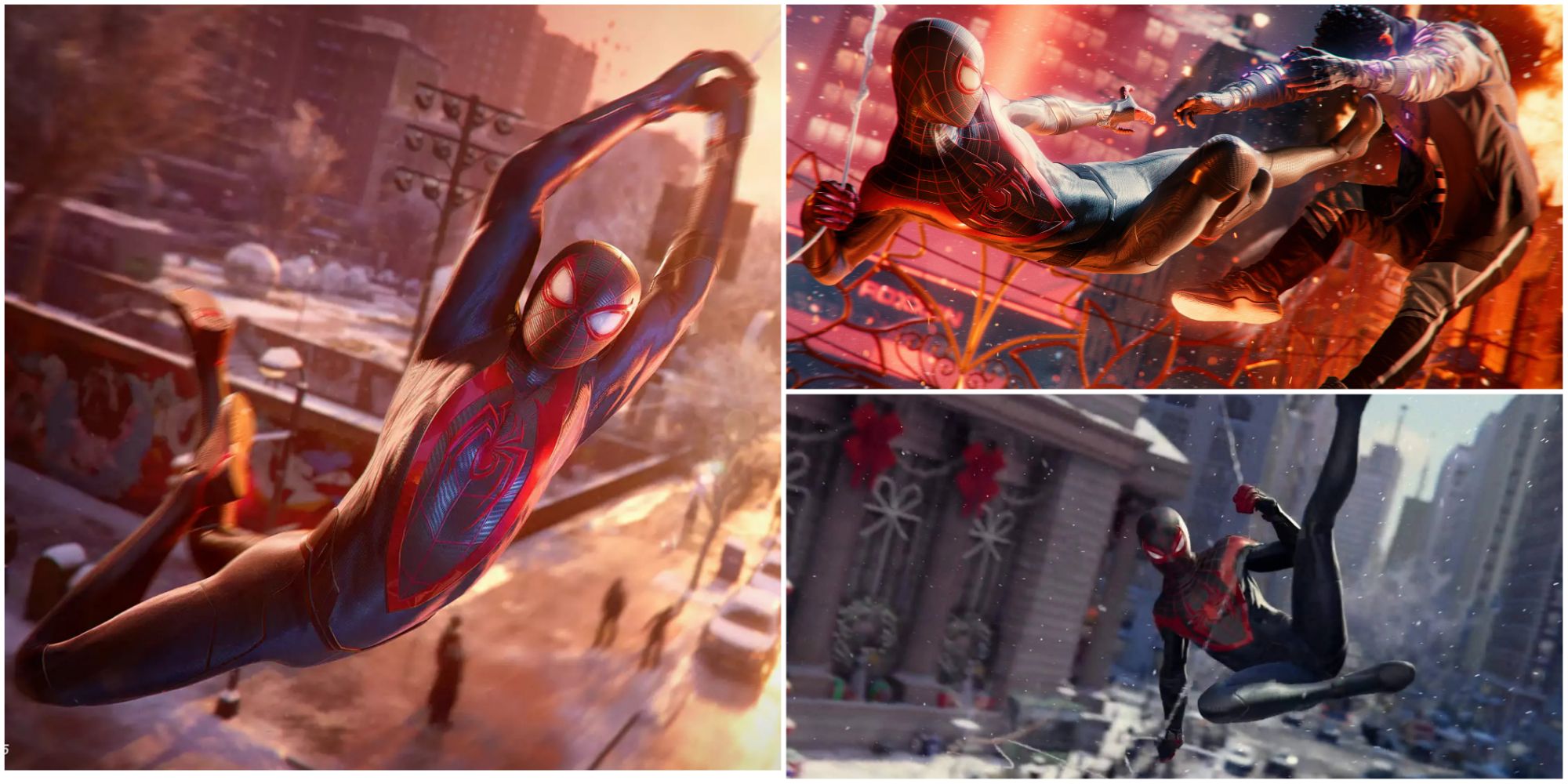 A 3-image collage of action scenes from Marvel's Spider-Man Miles Morales