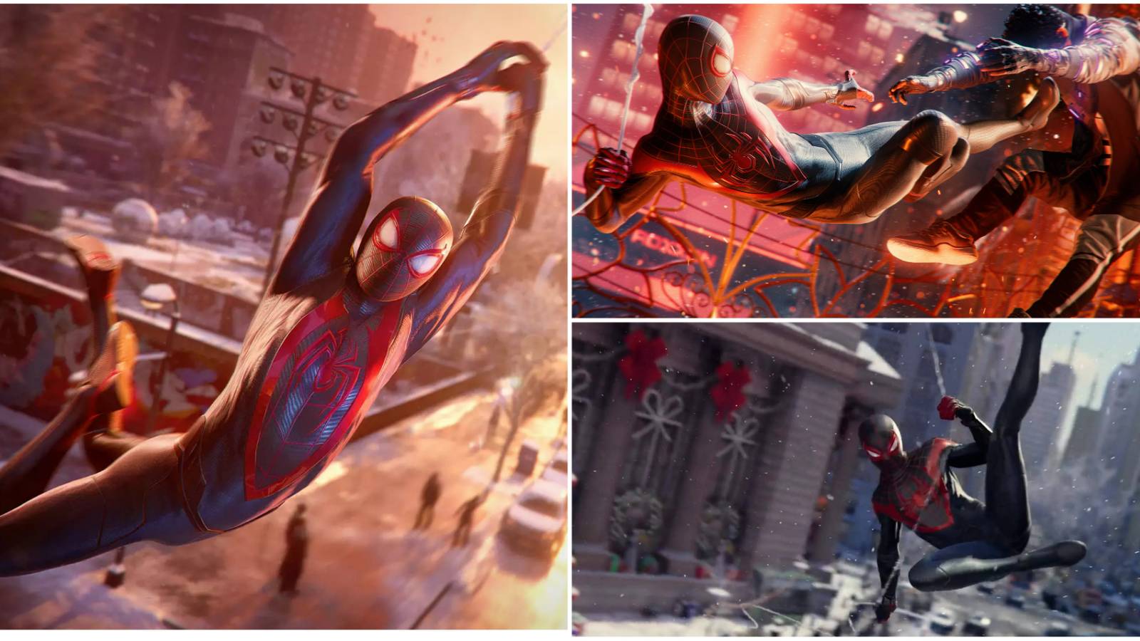 A 3-image collage of action scenes from Marvel's Spider-Man Miles Morales
