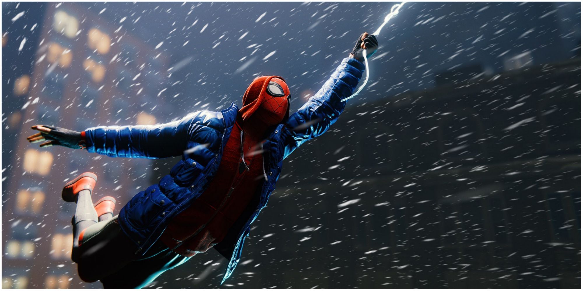 A scene of Miles swinging in Marvel's Spider-Man Miles Morales