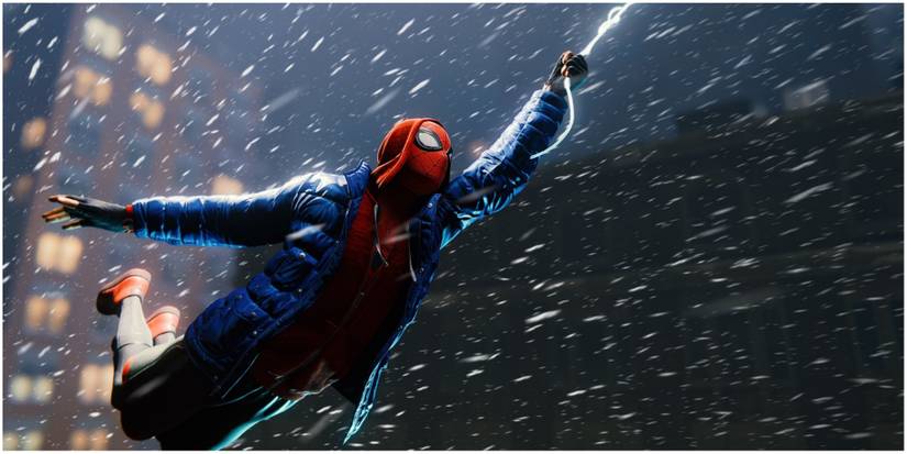 A scene of Miles swinging in Marvel's Spider-Man Miles Morales