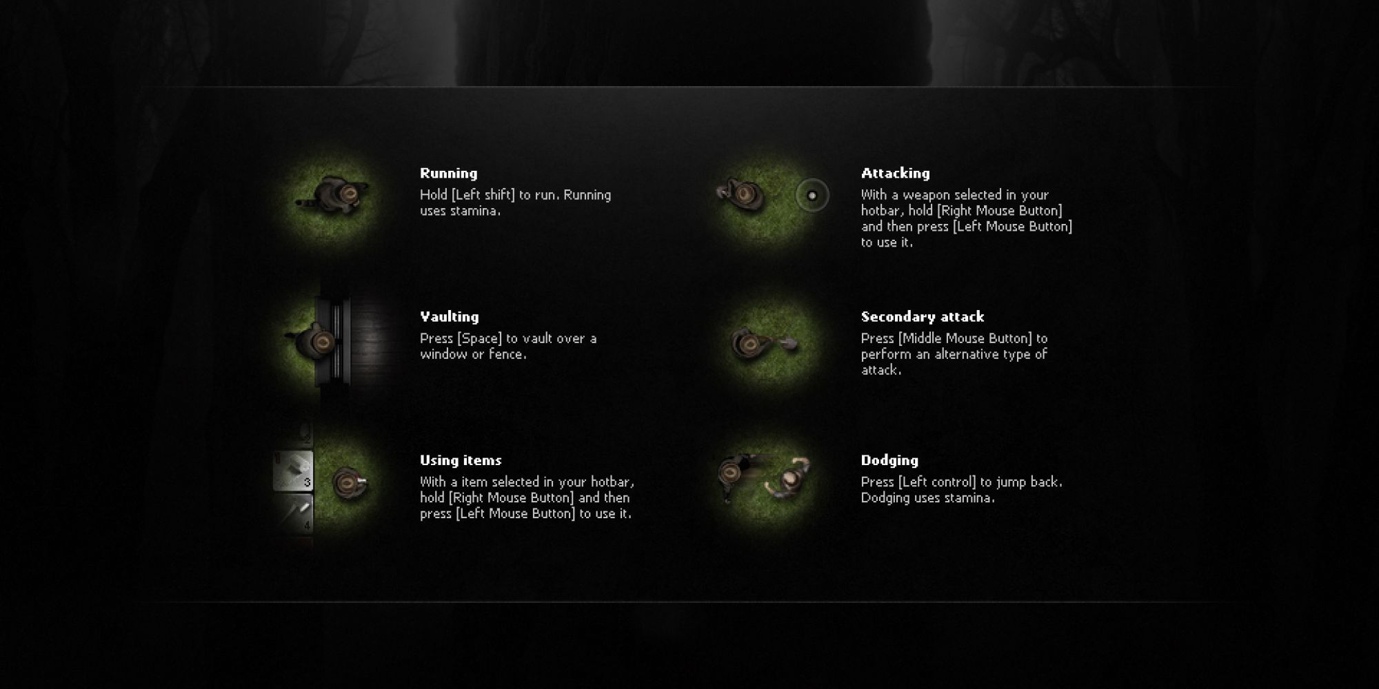 The Controls for different things on Darkwood