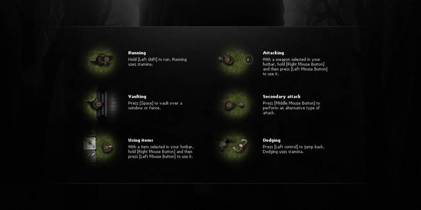The Controls for different things on Darkwood