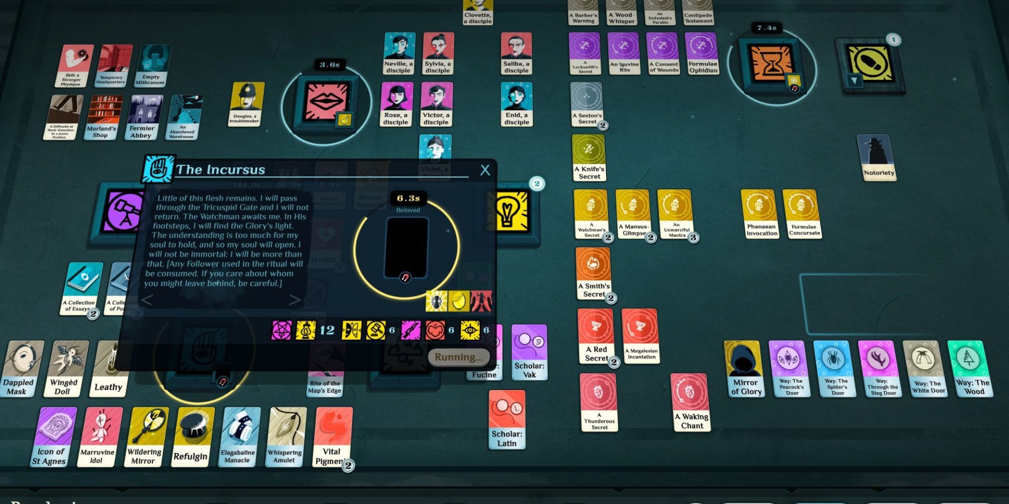 A board of cards in Cultist Simulator