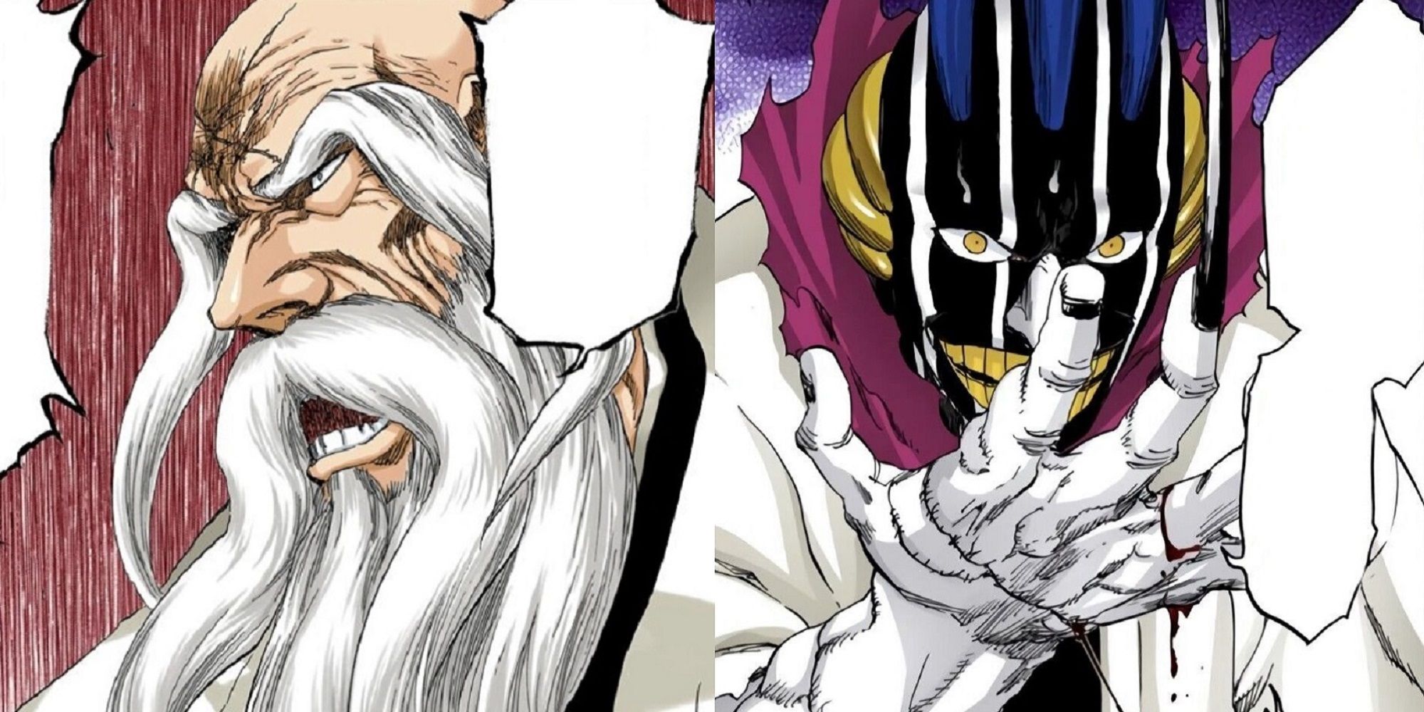Split image of a determined Yamamoto and Mayuri reconstructing his arm in the Bleach manga