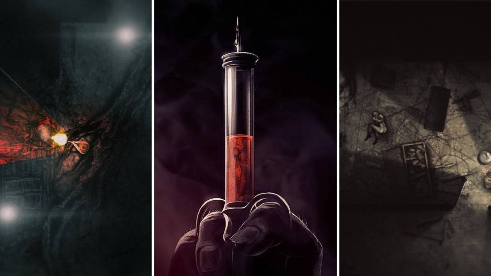 Images from Darkwood showing a player fighting foes and a large red syringe 
