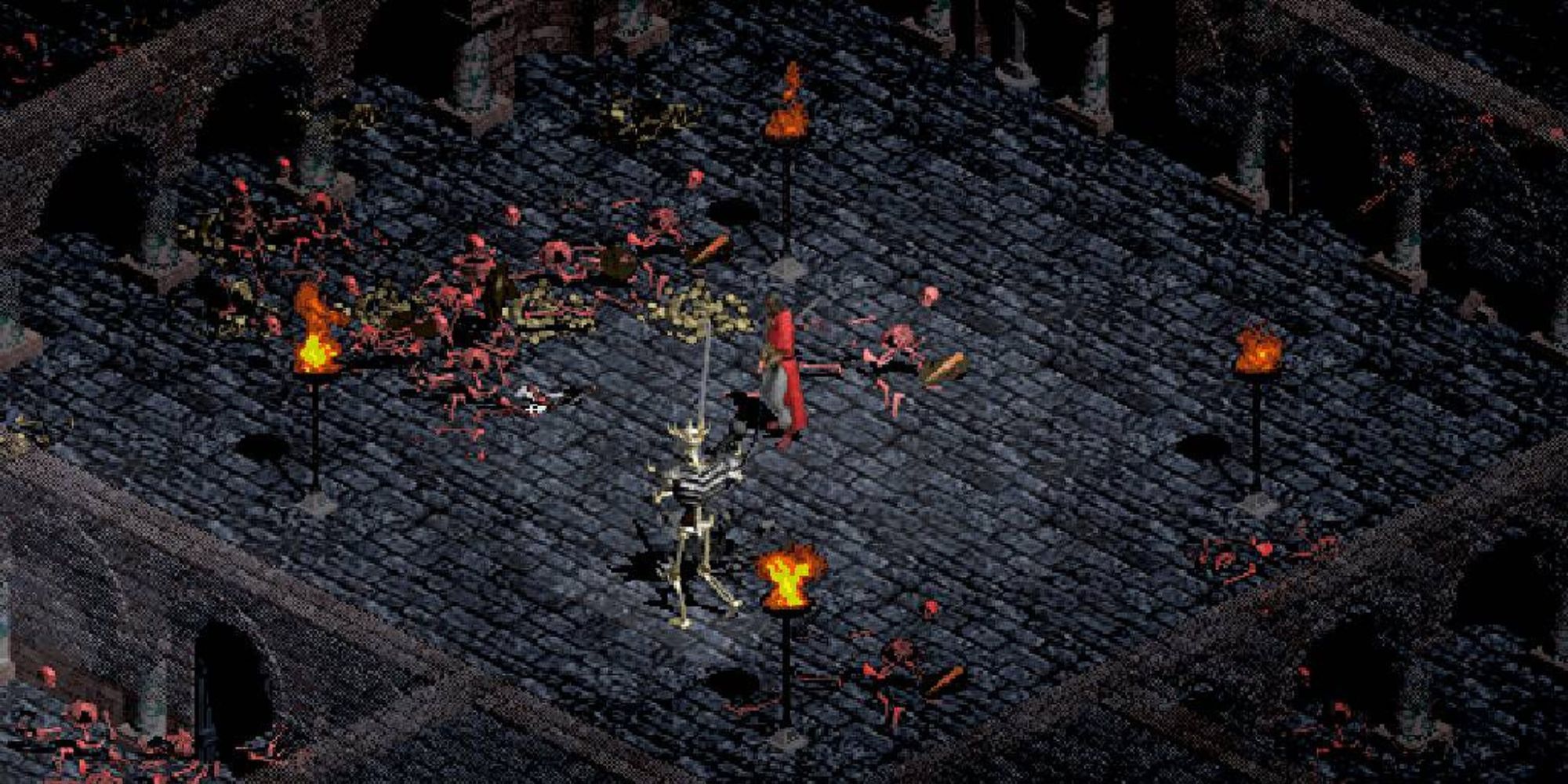 A player in a room full of skeletons in Diablo
