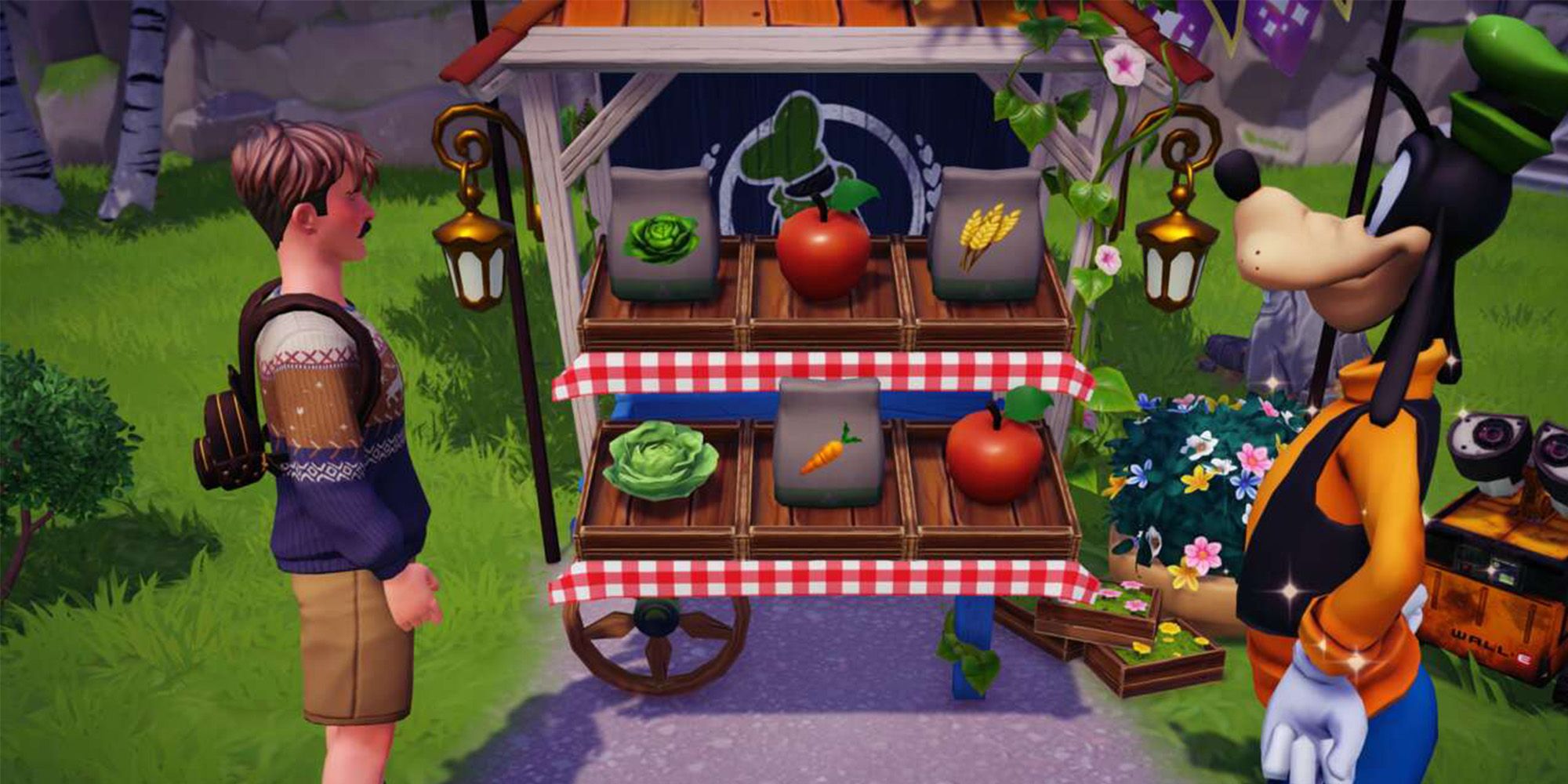 purchasing apple at goofy's stall disney dreamlight valley