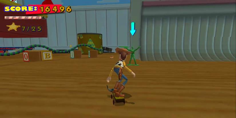 Woody skating towards a soldier in Andy's room